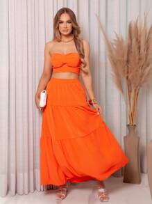 Women's Set Long Skirt And Cropped Strapless Tailored Fabric Floral Print Beachwear Summer Fashion REF: Valeria - 橘色 - 查看 1