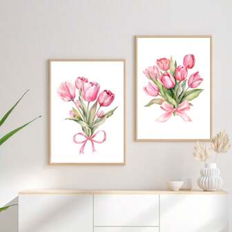 2 件/套郁金香帆布画，粉色蝴蝶结壁画，18x24 海报，粉色家居装饰，无框水彩画，送给女孩的礼物，无框