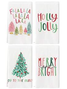 4 Stücke/Set Weihnachten und Winterzeit Küchentücher, Aquarell Weihnachtsbaum, Text, brauner Weihnachtsbaum, Schlitten, roter & pinker Weihnachtsbaum, Weihnachtskugeln, Muster von Weihnachtsmann und Rentierhaus, Geschirrtuch, Teehandtuch, Trockentuch, geeignet für saisonale Winter Küchen- & Badezimmer Dekoration
