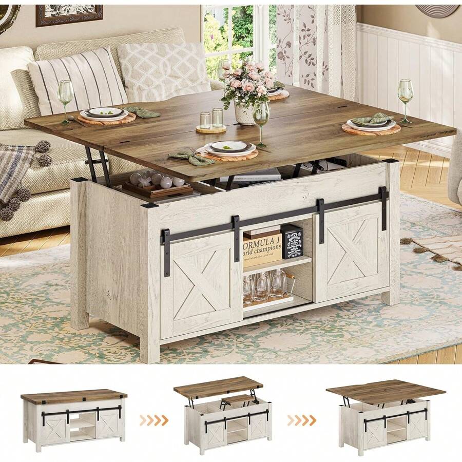 Farmhouse Lift Top Coffee Table, Convertible Coffee Tables With Storage ...