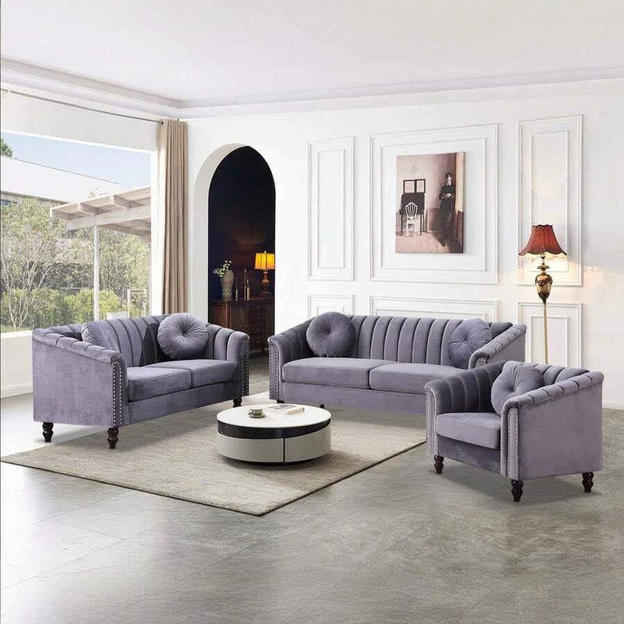 Chesterfield Sofa Set, Luxurious Velvet Chesterfield Settee Couch Set,Sofa And Loveseat Set,Upholstered Rolled Arm With Rivets/4 Button Tufted Pillow Modern Sofa Living Room Set