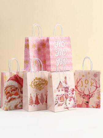 12pcs/Set Random Style Christmas Party Favors Bags Pink Christmas Gift Goodie Bags Paper Xmas Santa Claus Snowman Candy Treat Bags With Handles For Christmas Party Decorations Holiday Birthday Supplies