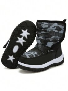 Botas de nieve de invierno para niños con estampado de sirena y estrellas, botas de nieve cálidas con diseño de dibujos animados para uso en exteriores, color rosa para niños - Negro - Ver 9