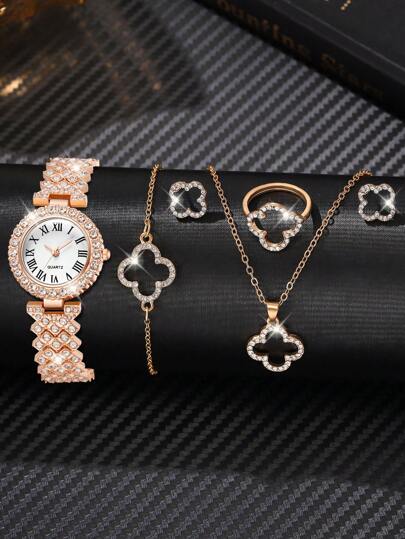 6 قطع مجموعة مجوهرات نسائية لأساور الساعات والأقراط والخواتم متضمنة ساعة كوارتز بعقارب رومانية وسوار وقلادة مشكلة هندسية بتصميم حرف وزهرة مفرَّغة، بلون الذهب الوردي، مناسبة لارتداء اليومي أو كهدايا عيد