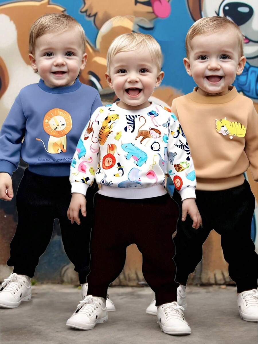 Bộ 3 món quần nỉ thể thao in hình động vật sư tử hổ ngựa vằn mềm mại thoải mái thoáng khí cho bé trai - Nhiều màu - Xem 1