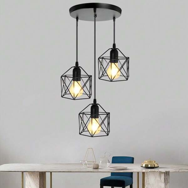 CANMEIJIA Vintage-Style Kitchen Pendant Light, Iron Crafts, Round Plate Ceiling Mount, 3-Head Diamond Shape, E27/E26 Bulb Base, Black, Adjustable Length, Bulb Not Included, Easy Installation, Hard-Wired, Suitable For Exhibition Hall/Reading Room/Dining Room/Bar/Bedroom/Cafe/Dining Hall/Clothing Store/Living Room