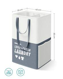 SONGMICS Grand Panier à Linge, 90L, Corbeille Linge 2 Compartiments, Tient Debout Tout Seul, Pliable, Double Poignée, pour Buanderie, Chambre, Salle de Bain, Bleu Foncé