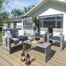 AMOPATIO Wide Armrest Outdoor Patio Furniture Set,4 Pieces Rattan Sectional Sofa With Tempered Glass Coffee Table And Cushions For Family Gatherings,Balcony Porch Garden(Black/Cream)