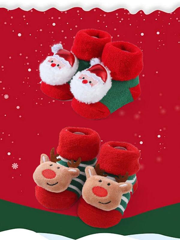 2Pcs Meias de presente de Natal fofas e divertidas para crianças, decoração de animais de rena, forro térmico, meias de cano médio para crianças pequenas