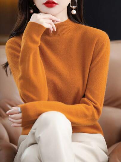 Jersey de mujer 100% lana merina, suave y cálido, jersey de cuello alto, diseño casual de una sola pieza sin costuras para otoño/invierno