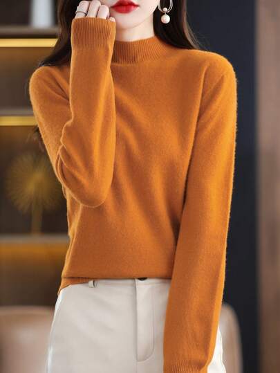Jersey de mujer 100% lana merina, suave y cálido, jersey de cuello alto, diseño casual de una sola pieza sin costuras para otoño/invierno
