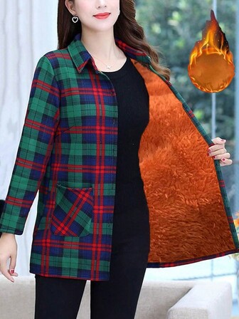 女士休闲格子双口袋保暖衬里衬衫，秋冬