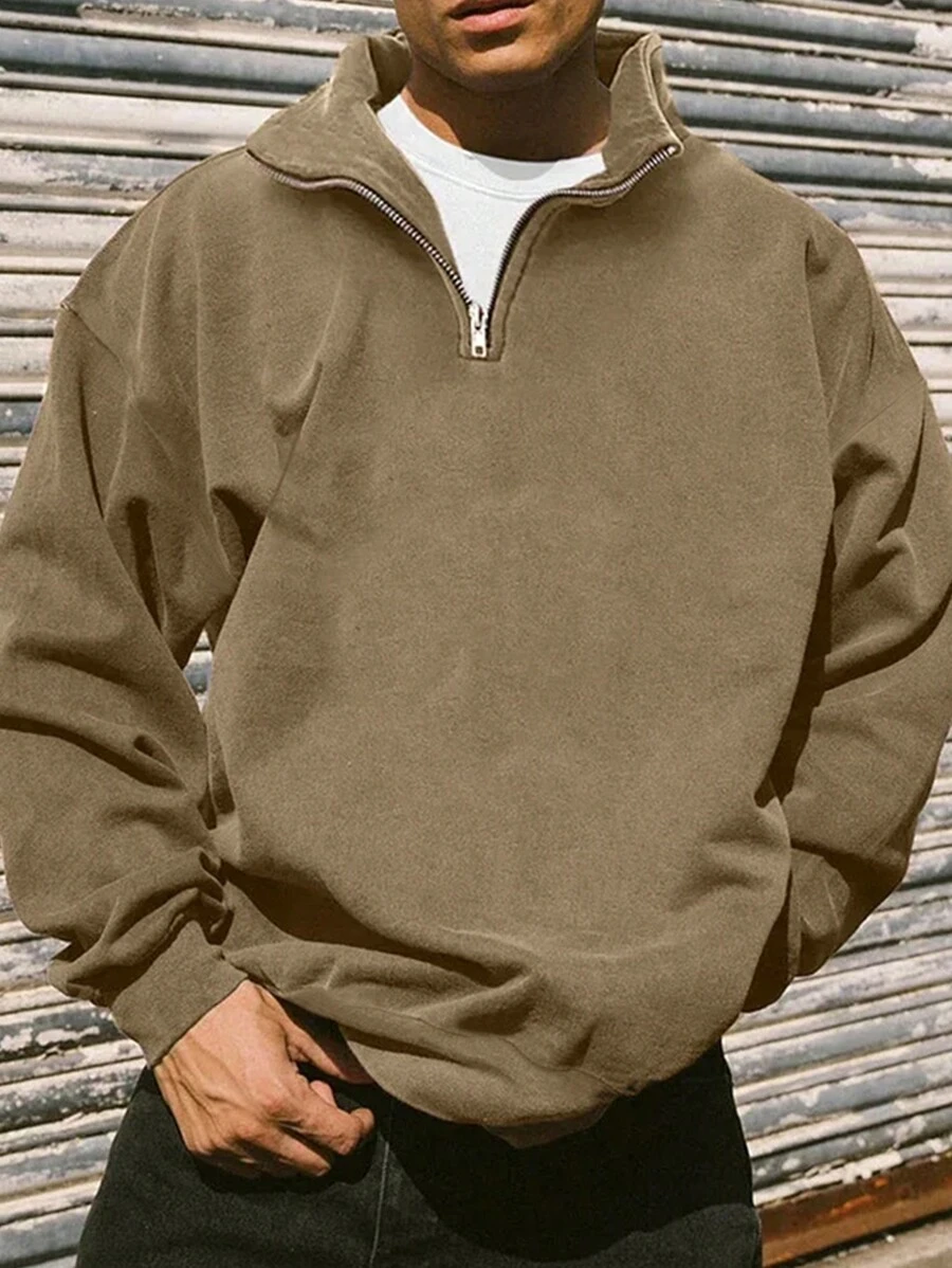 男士时尚半拉链休闲保暖运动衫，秋冬 - 駝色 - 查看 1