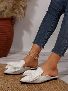 女士尖头蝴蝶结设计穆勒平底鞋，露跟春秋新款优雅休闲便鞋 - 白色 - 查看 3
