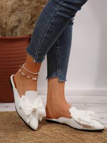 女士尖头蝴蝶结设计穆勒平底鞋，露跟春秋新款优雅休闲便鞋 - 白色 - 查看 6