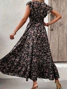 Printed Drawstring Waist Dress, Flounce Short Sleeve A-Line Vacation Style Dress - Black - View 2