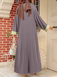 斋月春夏新款阿拉伯女式宽松优雅撞色圆领长袍连衣裙 - 香檳色 - 查看 3