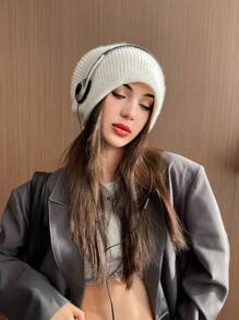 1pc Women Solid Color Stripe Knit Beanie Hat, Fashionable Rabbit Thermal Lined Warm Windproof Ear Muff Roll Up Ski Cap, Suitable For Outdoor Walking And Traveling, Autumn/Winter - MM1530 - View 10