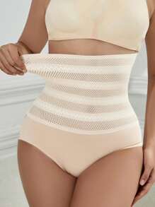 纯色蕾丝边高腰修身无缝比基尼内裤 - 米色 - 查看 4