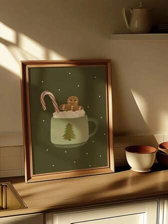 1PC Plakat na płótnie z gorącą czekoladą na Boże Narodzenie - sezonowy kubek z laską cukrową i piernikami - bezramowa dekoracja ścienna do biura domowego, salonu, sypialni - Art Deco, nowoczesne portrety