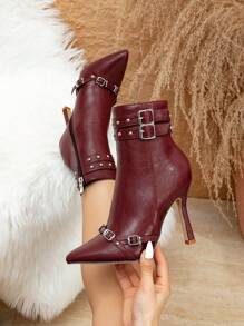 Giày bốt ngắn mới dành cho nữ, Giày bốt cao gót mũi nhọn đính đinh tán thời trang đa năng, màu đỏ tía, thích hợp cho lễ Halloween, Giáng sinh, Lễ tạ ơn, Năm mới - Màu Đỏ Sâu - Xem 2