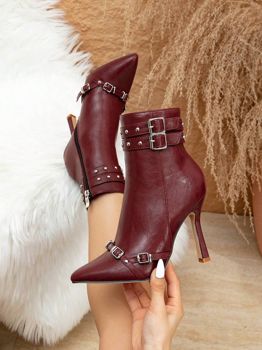 Giày bốt ngắn mới dành cho nữ, Giày bốt cao gót mũi nhọn đính đinh tán thời trang đa năng, màu đỏ tía, thích hợp cho lễ Halloween, Giáng sinh, Lễ tạ ơn, Năm mới