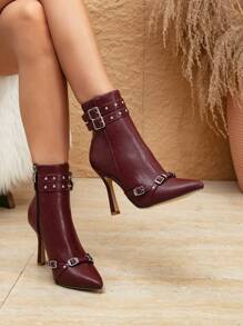 Giày bốt ngắn mới dành cho nữ, Giày bốt cao gót mũi nhọn đính đinh tán thời trang đa năng, màu đỏ tía, thích hợp cho lễ Halloween, Giáng sinh, Lễ tạ ơn, Năm mới - Màu Đỏ Sâu - Xem 4