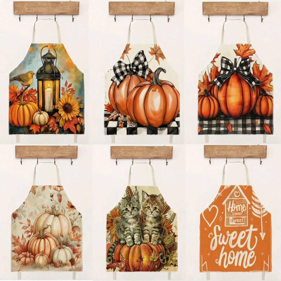 1 件装丰收节南瓜家居 3D 图案亚麻围裙，适合家庭烹饪、厨房穿着和烹饪爱好者 - 彩色 - 查看 1