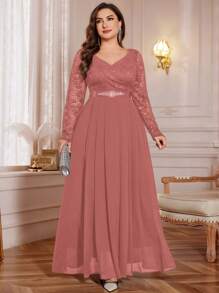 Plus V-Neck Floral Lace Contrast Chiffon Rhinestone Ribbon Waist Formal Party Long Dress, Wedding Guest Dress, For Birthday, Graduation, Homecoming - Dusty Pink - View 8