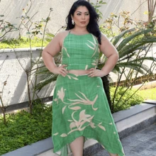 Women's Plus Size Midi Wrap Skirt Set, Cropped Halter Neck, Tie Back, Long Dress Style Set, Casual Social - 花綠2 - 查看 1