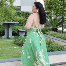 Women's Plus Size Midi Wrap Skirt Set, Cropped Halter Neck, Tie Back, Long Dress Style Set, Casual Social - 花綠2 - 查看 9