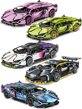 5pcs Super Sports Car Model, Available In Pink, Green, Black, White&Purple, Purple, High-Tech Super Sports Car, 1200+ Pcs Building Blocks, 1:14 Car Model, 14 Inches Long After Assembly, ABS Material, Adult Gift Car Building Blocks Model, Adult Collectable Building Blocks Toy