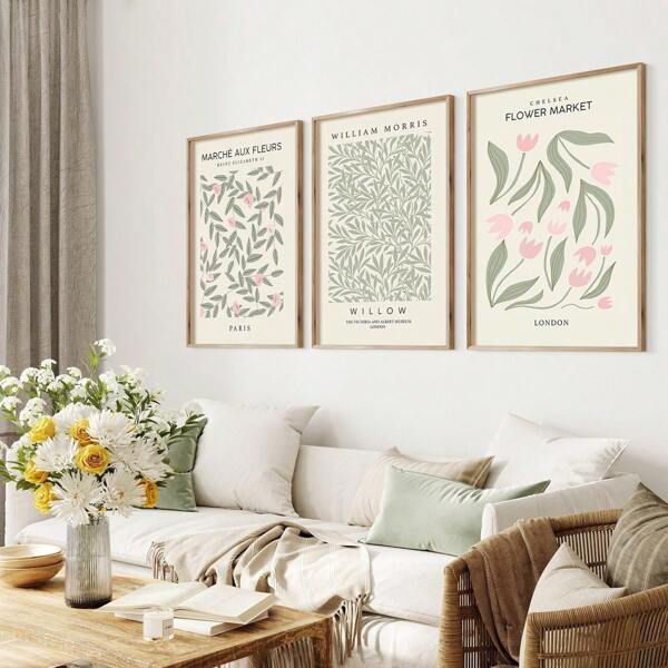 Conjunto de 3 impressões de parede de flores de sálvia rosa e verde vintage, pôsteres de tela de arte moderna botânica, decoração de parede floral neutra, decoração de primavera, conjunto de parede de galeria estética, obras de arte para sala de estar, quarto, escritório, café, bar, sala de jantar, corredor, decoração de casa e quarto, sem moldura
