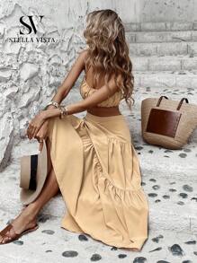 SV Long Cropped Skirt Set Summer Set Women's Formal Set - Apricot - View 3