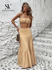 SV Long Cropped Skirt Set Summer Set Women's Formal Set - Apricot - View 2