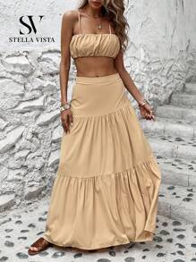 SV Long Cropped Skirt Set Summer Set Women's Formal Set - Apricot - View 5