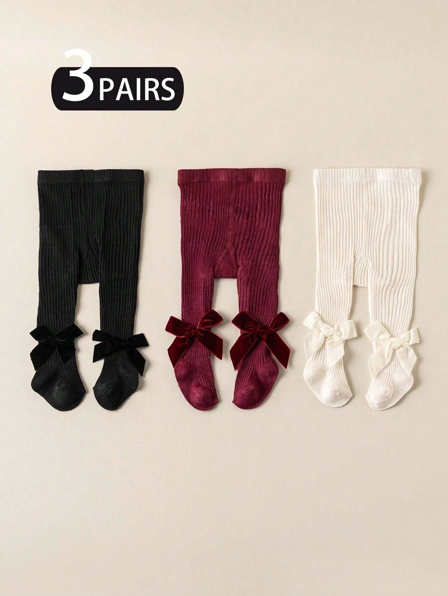 Bộ 3 quần tất giữ ấm thắt nơ trơn màu cho bé mới biết đi, thích hợp cho mùa thu/đông, trang phục hàng ngày - Nhiều màu - Xem 1