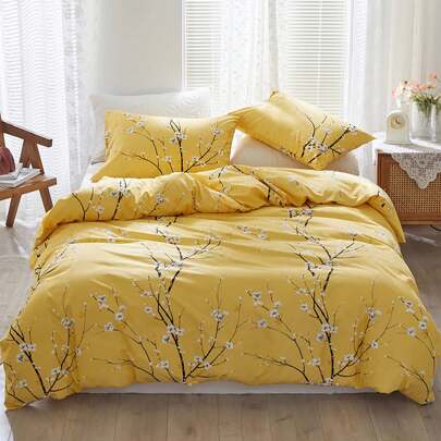 2/3 Pieces WONGS BEDDING Pink Floral Duvet Cover Set Twin Full Queen King,Reversible Flower Branch Bedding Set With 1/2 Pillowcase, Pink Plum Flower Pattern Comforter Cover Set With Zipper Ties Soft Microfiber(Not Comforter) Room Decor Bedroom Decor Valentine Decor