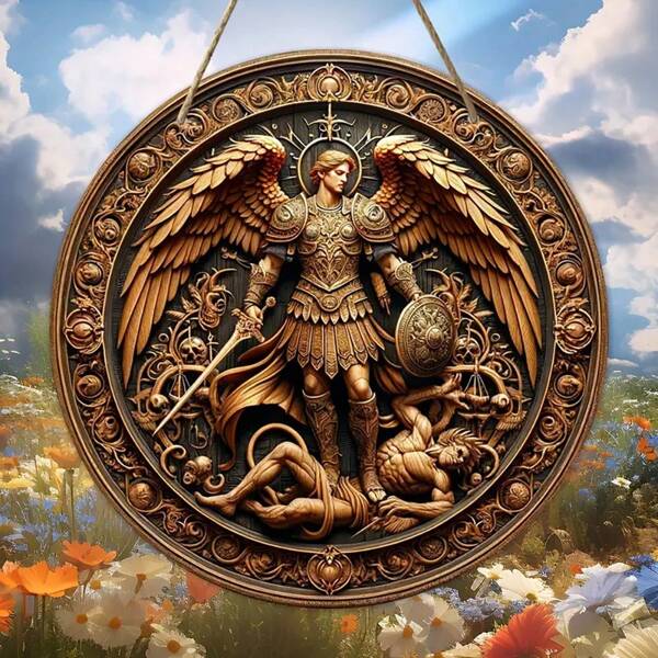 1 Peça, Placa de Boas-Vindas de Estilo Vintage do Arcanjo São Miguel, Decoração de Parede Multifuncional 2D, Adequada para Portas da Frente e Varandas, Perfeita para Presentes de Casa Nova e Decoração Central de Guirlanda de Arte, Decoração Doméstica, Decoração de Quarto, Decoração de Parede