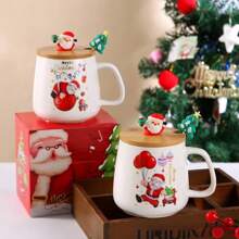 1pc Christmas Cartoon Cute Santa Claus Design Ceramic Mug With Lid And Spoon, Gifts & Souvenirs