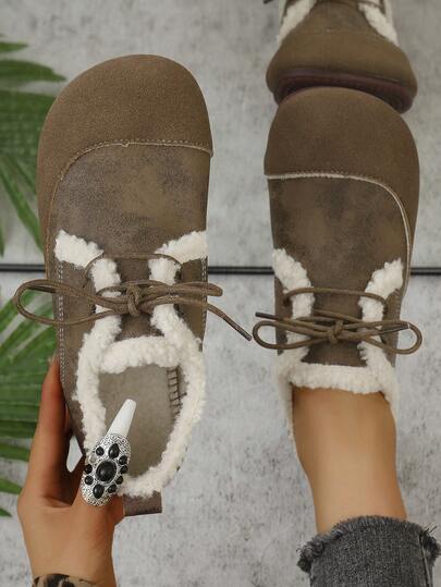 Stivaletti e stivali corti da donna, con lacci a spicchi, con lacci morbidi e casual, scarpe piatte alla moda e calde, versatili per l'inverno, colori marrone caffè, blu navy, albicocca