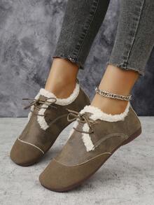 Stivaletti e stivali corti da donna, con lacci a spicchi, con lacci morbidi e casual, scarpe piatte alla moda e calde, versatili per l'inverno, colori marrone caffè, blu navy, albicocca