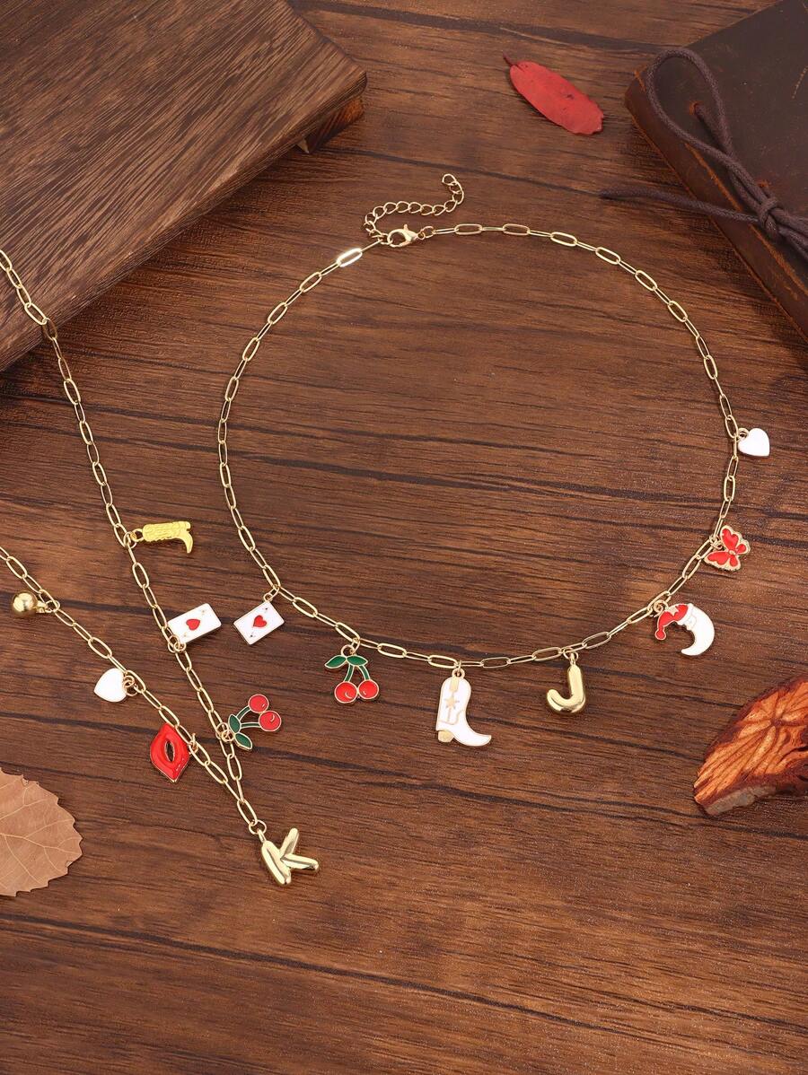 2pcs Initial Charm Necklace For Women Beach Letter Necklace With Rose