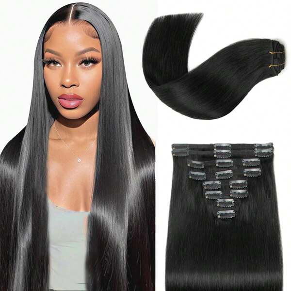 Clip In Hair Extensions Real Human Hair 8pcs Per Set With 18 Clips Double Weft Natural Black Remy Human Hair Extensions Clip Ins For Women Natural Human Hair Clip In Brazilian Human Hair Extensions