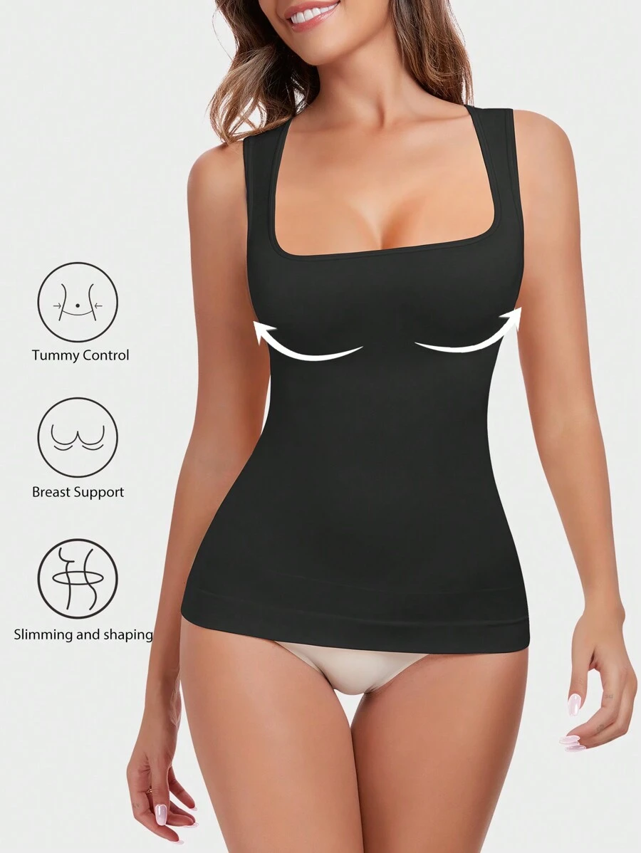VVX Shapewear Tummy Control Tank Top Compression Tanks For Women Square Neck Seamless Body Shaper Summer Exercise Yoga Gym Shirts - 黑色 - 查看 1