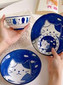 DearDali 一套日式原创陶瓷餐具，可爱猫咪图案，自制厨房酱汁碗碟，手绘陶瓷碗碟，时尚厨房必备，适合盛放早餐燕麦片或正餐。
