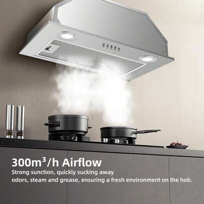 KICHPOWER Dunstabzugshaube 52 cm, Einbau-Dunstabzugshaube, maximaler Luftstrom 300 m³/h, 3 Leistungsstufen, LED-Beleuchtung, Küchenhaube aus Edelstahl, 3-lagiger Aluminium-Fettfilter [Energieklasse C]