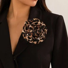 1 chiếc trâm cài áo vải nâu họa tiết da báo và hoa trà cổ điển, phụ kiện thời trang cho mùa thu/đông - hoa - Xem 1
