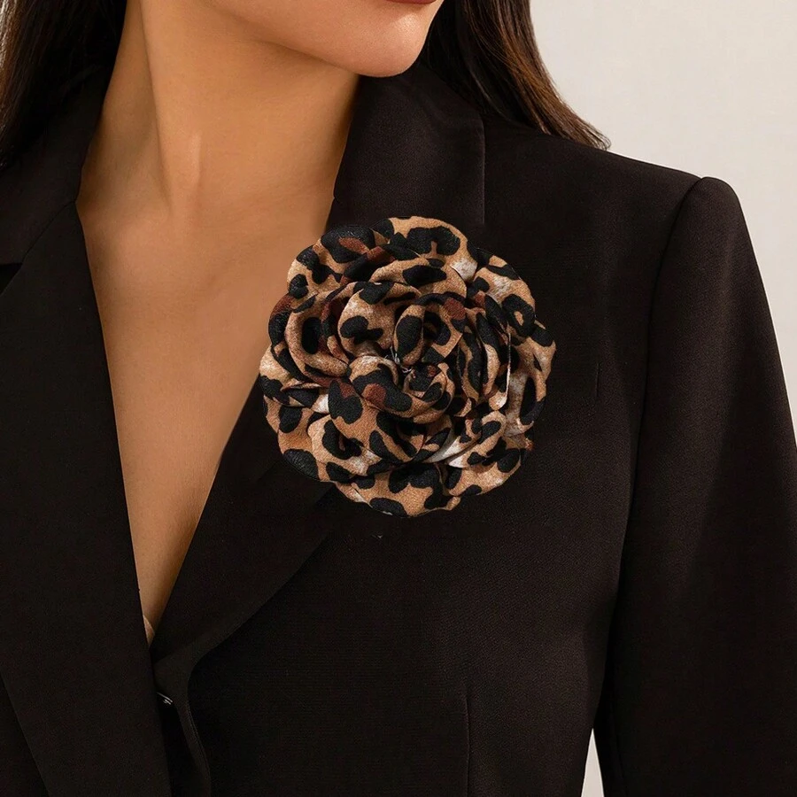 1 chiếc trâm cài áo vải nâu họa tiết da báo và hoa trà cổ điển, phụ kiện thời trang cho mùa thu/đông - hoa - Xem 1