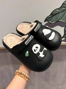 Dép xỏ ngón thời trang in hình gấu trúc dễ thương cho nữ, giày đi trong nhà chống trượt màu đen, đế bằng thoải mái, giản dị cho học sinh, phong cách đại học thanh lịch cho mùa thu/đông - màu đen - Xem 4